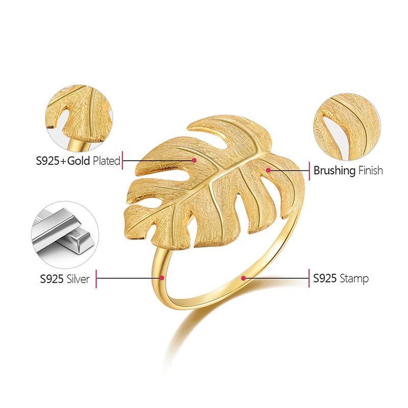 Lotus Fun Real 925 Sterling Silver Natural Designer Fine Jewelry 18K Gold Monstera Leaves Ring Adjustable Rings for Women Bijoux