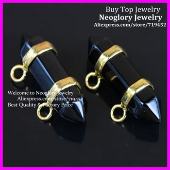 

10PCS Healing Chakra Druzy Stone Stone Pendant Gold Color 2 Holes Black Stone Gems Hexagon Prism Bead Pendant Fit Necklace