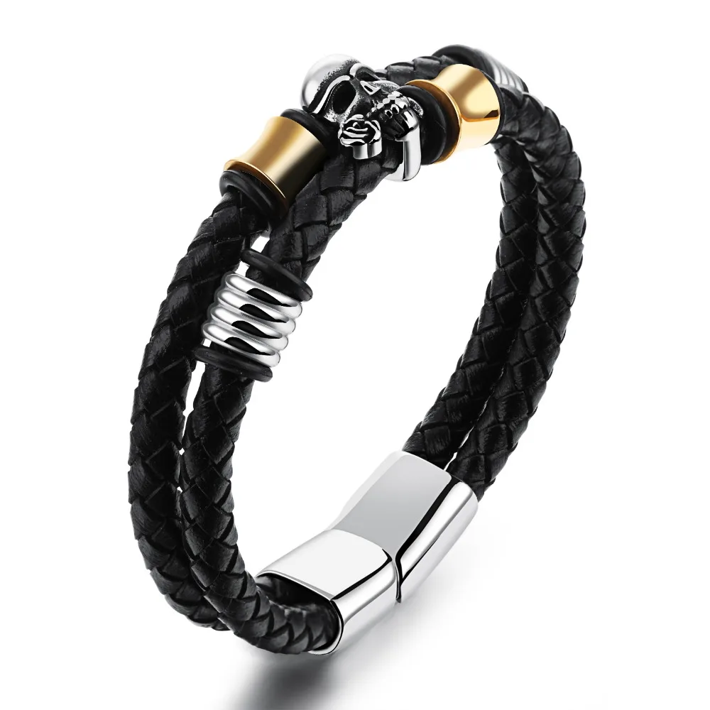 Luxury Skull Mens Bracelets Cowhide Genuine Leather Bracelet Men