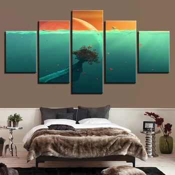 

Canvas Wall Art Pictures Home Decor 5 Pieces Deep Ocean Planet Fish Tree Paintings Modular HD Prints Fantasy Anime Poster