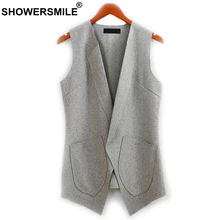 SHOWERSMILE Slim Fit Wool Vest For Women Autumn Open Front Grey Sleeveless Waistcoat Female Jacket Long Casual Blazer