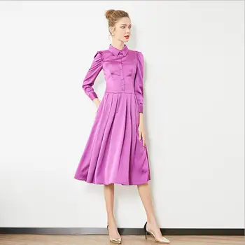 

Luxury Designer Brand Dress for Women Slim Single-breasted Palace Puff Sleeve Pleated Dress Red Purple