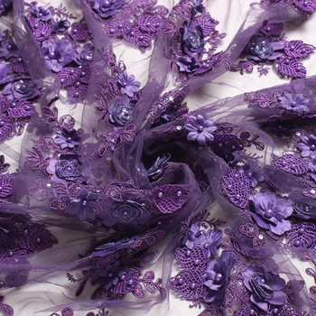 

Bestway Luxury 3D Flower Handmade Beaded Lace Fabric High Quality French Tulle Mesh Lace Embroidery Purple Wedding Dress Fabrics