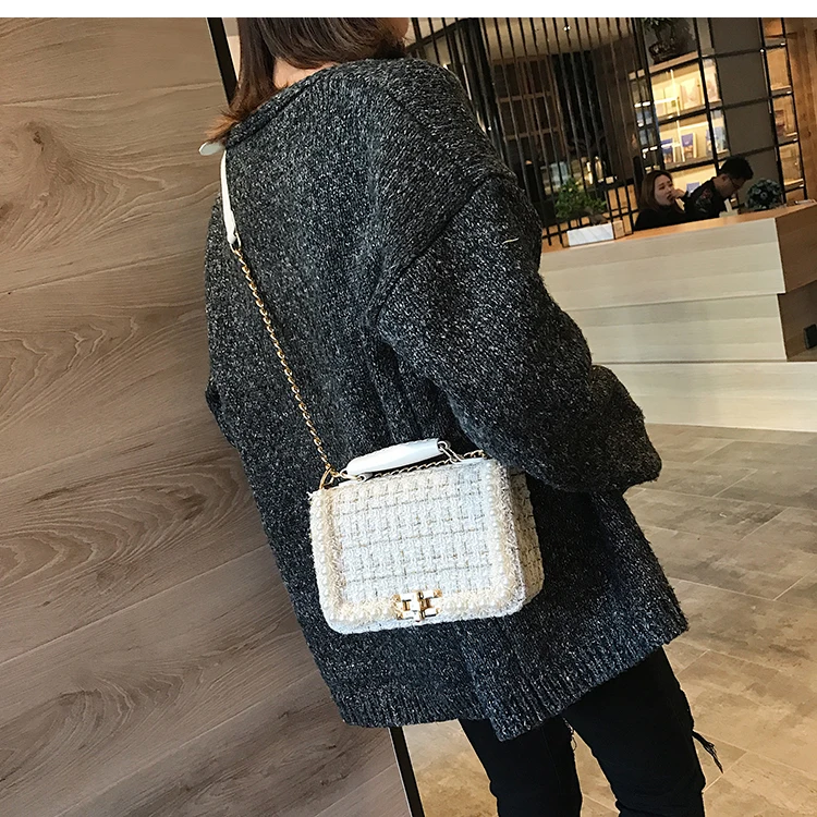 Зимняя модная новая женская сумка квадратная качественная шерстяная женская дизайнерская сумочка с жемчугом женская сумка через плечо с цепочкой