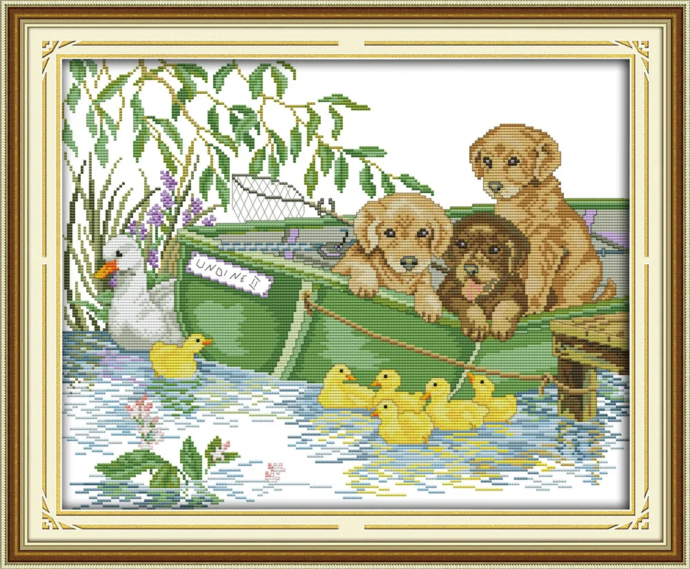 

Three puppies and the ducks Printed Canvas DMC Counted Cross Stitch Kits printed Cross-stitch set Embroidery Needlework