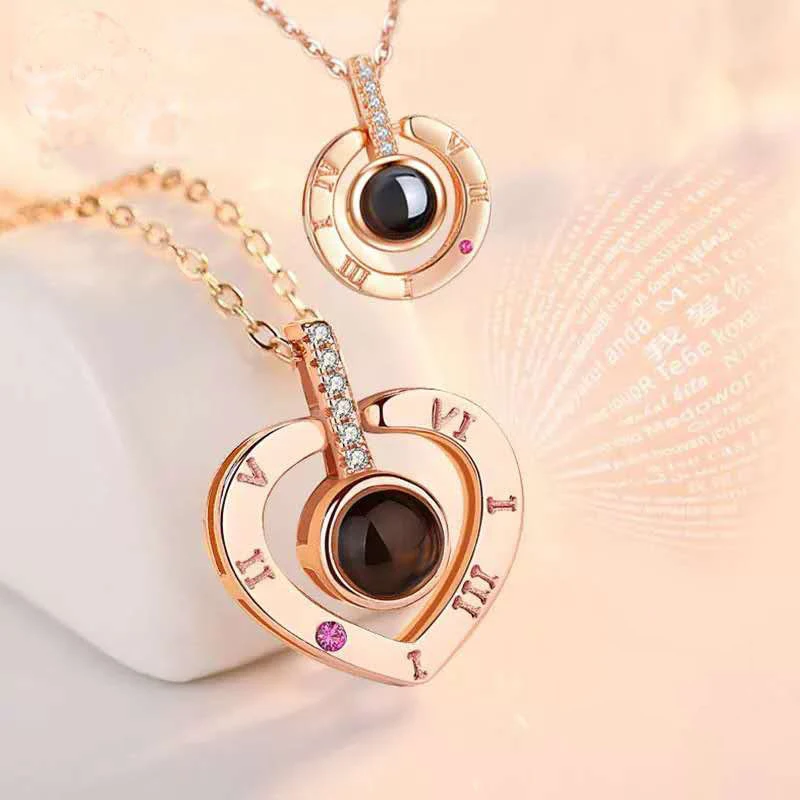 

Romantic Lover Pendant Necklace 100 Languages I Love You Projection Rhinestone For Women Love Memory Jewelry Gifts