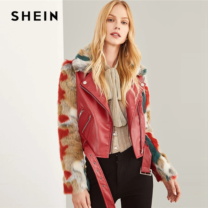 Buy SHEIN Burgundy Zip Front Belted Soft Faux Fur