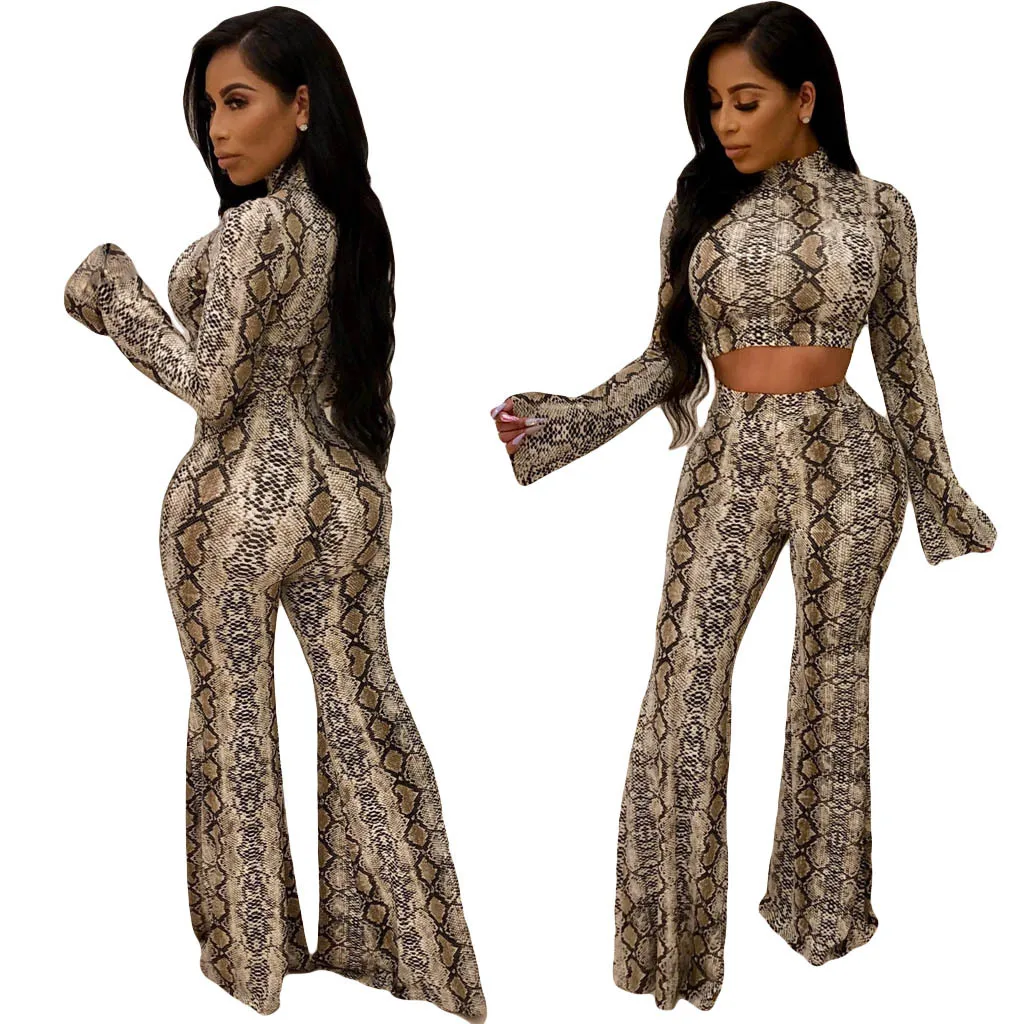 Women Snake Skin Two Pieces Set Long Flare Sleeve Sexy Turtleneck Crop Top and Elastic High Waist Wide Leg Pants Tanksuits Party |