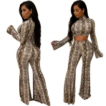Women Snake Skin Two Pieces Set Long Flare Sleeve Sexy Turtleneck Crop Top and Elastic High Waist Wide Leg Pants Tanksuits Party Women Snake Skin Two Pieces Set Long Flare Sleeve Sexy Turtleneck Crop Top and Elastic High Waist Wide Leg Pants Tanksuits Party