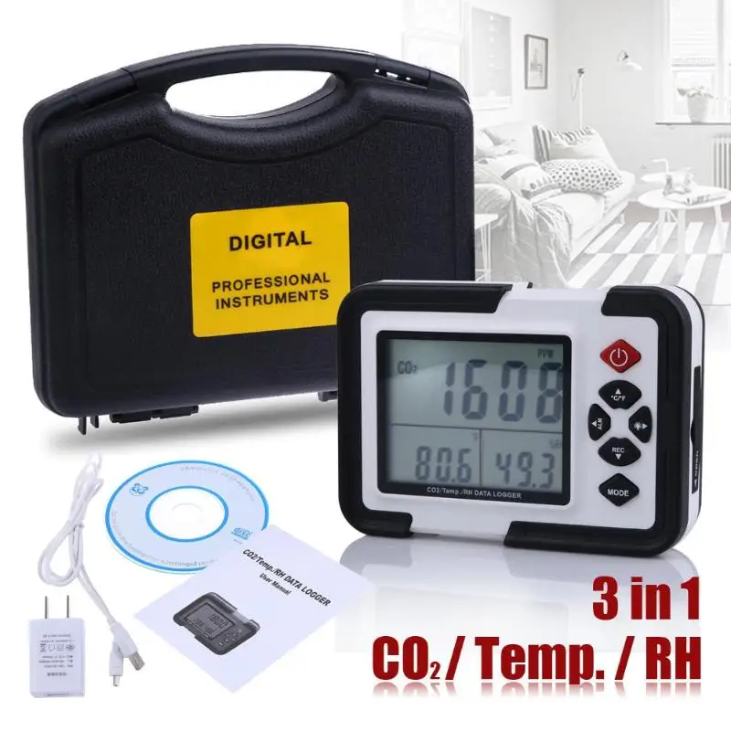 

HT-2000 Indoor Carbon Dioxide Meter Digital CO2 Monitor 9999ppm Analyzer Temperature Humidity Test Backlight Display
