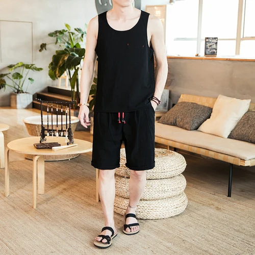 

Loldeal Men's Fashion Summer Set Sleeveless Cotton Shirt Shorts Solid Color Vest + Shorts