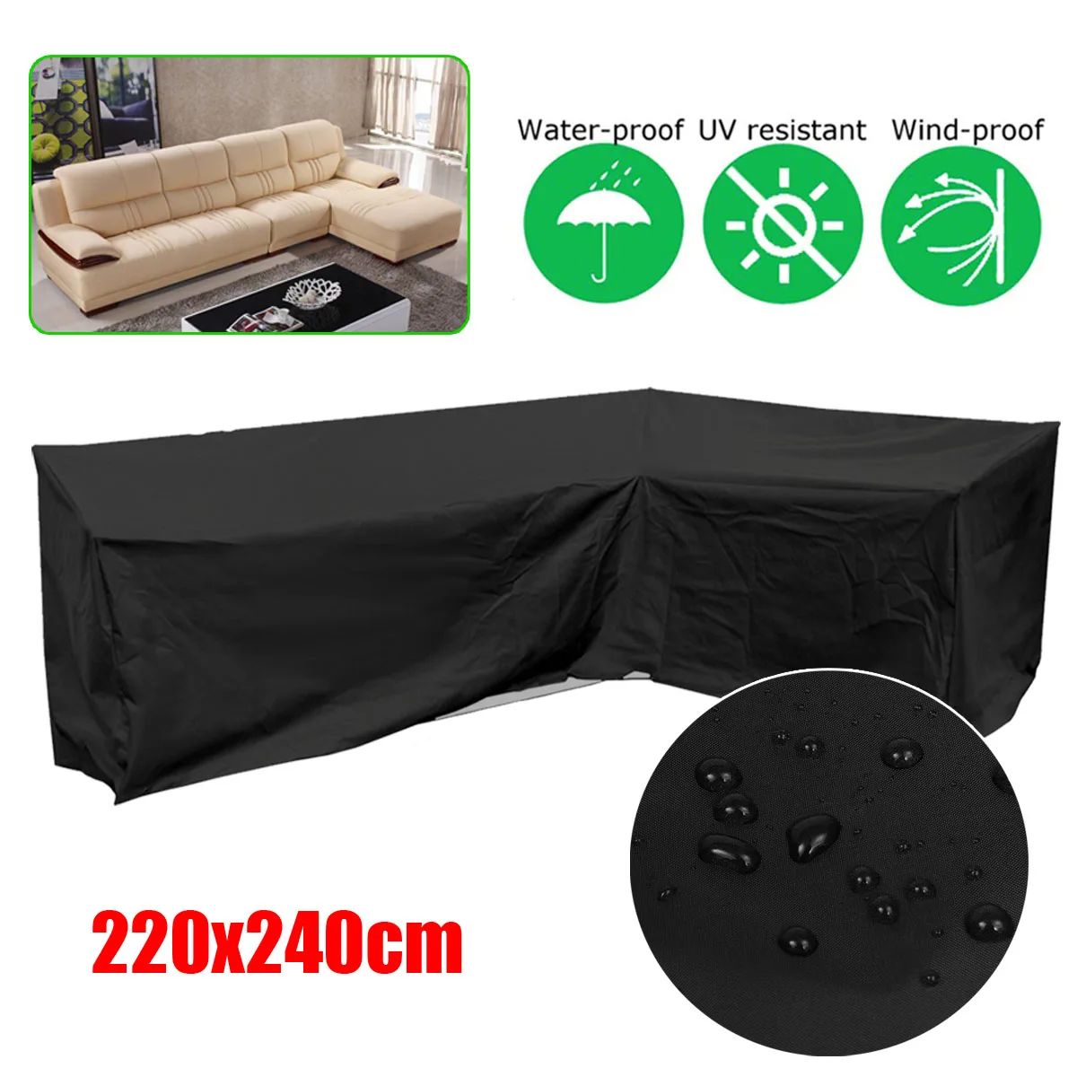 

220x240cm L Shape Corner Sofa Couch Cover Waterproof Dustproof Covers for Outdoor Furniture Protection Black/Green/Silver