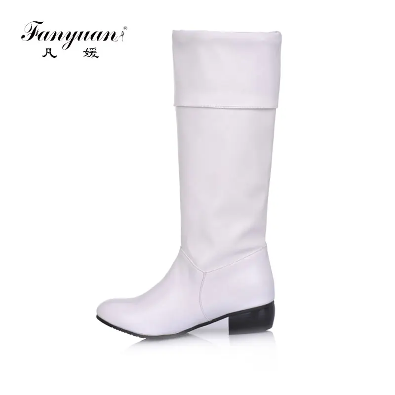 Kopen Fanyuannew aankomst Knie hoge Vrouwen Laarzen Zwart Wit abrikoos platte hakken half laarzen lente herfst schoenen vrouw zapatos de mujer