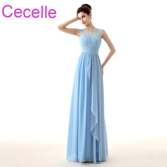 Light Blue Long Beach Bridesmaid Dresses 2018 Cap Sleeves Lace Top Light Blue Long Beach Bridesmaid Dresses 2018 Cap Sleeves Lace Top Chiffon Skirt Country Rustic Formal