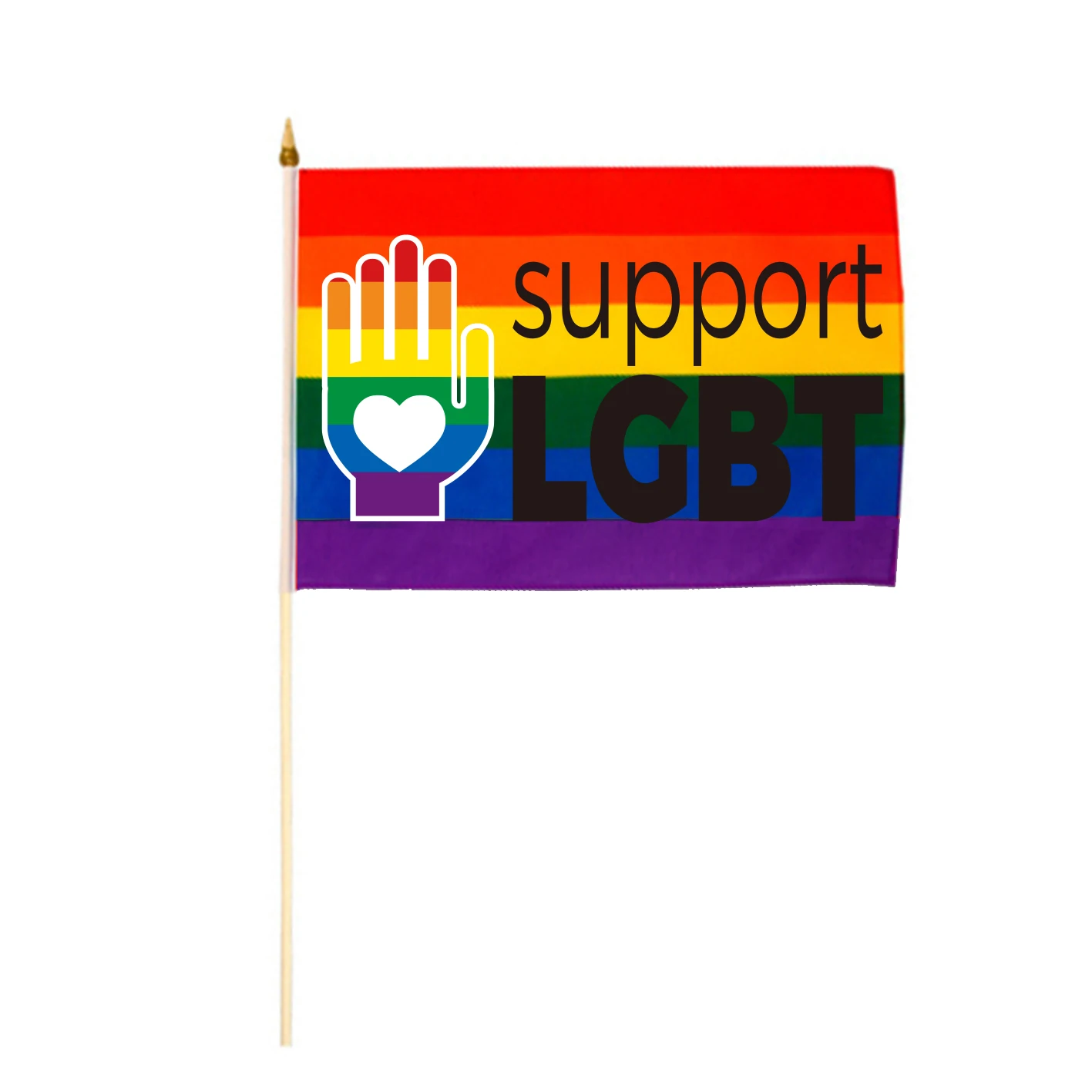 

Wholesales High Quality digital printing LGBT gay pride rainbow WE SUPORT LGBT hand flag with plastic pole
