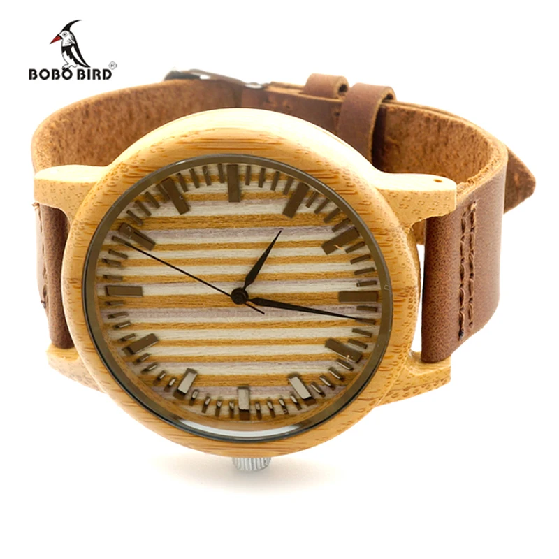 BOBO BIRD Top Mens Bamboo Watches Genuine leather Strap Wooden Wristwatches Men and Women Quartz Watch relogio masculino C-A20