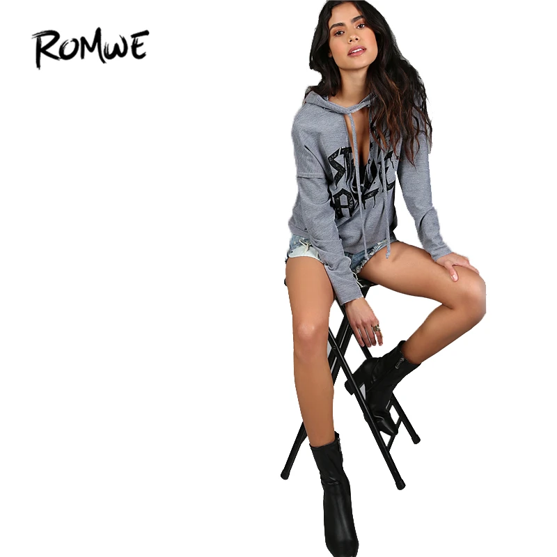  ROMWE Women Hoodies Sweatshirts Printed Distressed Cut Out Edgy Hoodie Autumn Grey V Neck Long Slee
