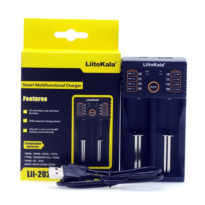 

LiitoKala Lii-202 26650 Charger 3.7V 3.2V 3.85V 18650 18350 14500 Intelligent Ni-MH Lithium Battery charger with Power Bank