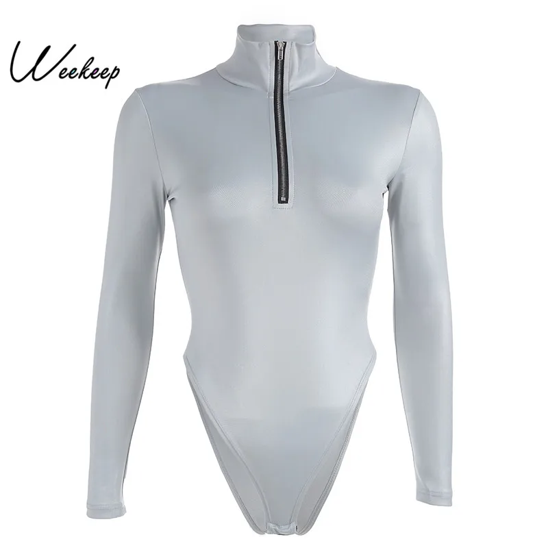 Weekeep Women Zipper Turtleneck Long Sleeve Bodysuit Casual Bodycon