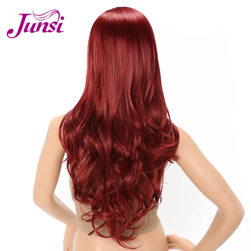 JUNSI 24inch Long Natural Wavy Wine Red Wig Heat Resistant Synthetic Cosplay Female Full Wig