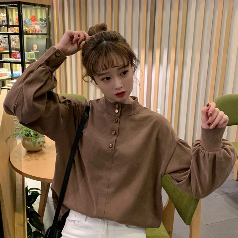  Lychee Girls Button Sweet Blouse Long Puff Sleeve Stand Collar Women Blouse Shirt Spring Autumn Off