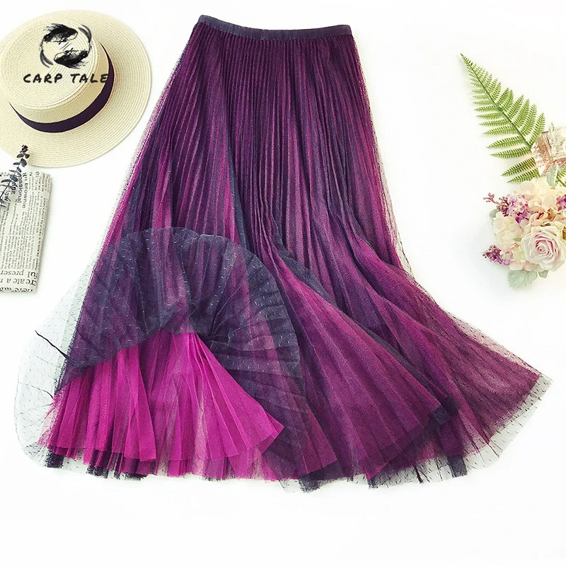 

2019 Maxi Skirt Women A Word Long Skirt Pleated Wave Point Mesh Skirt Color Matching Perspective High Streetwear Skirts Womens