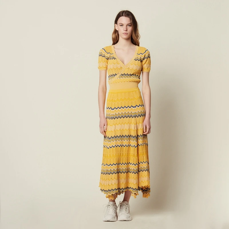 

JSXDHK Runway Designer Summer 2 Piece Set Women Short Sleeve Knitted Striped colour Tops + Elegant Holiday Party Long Skirts Set