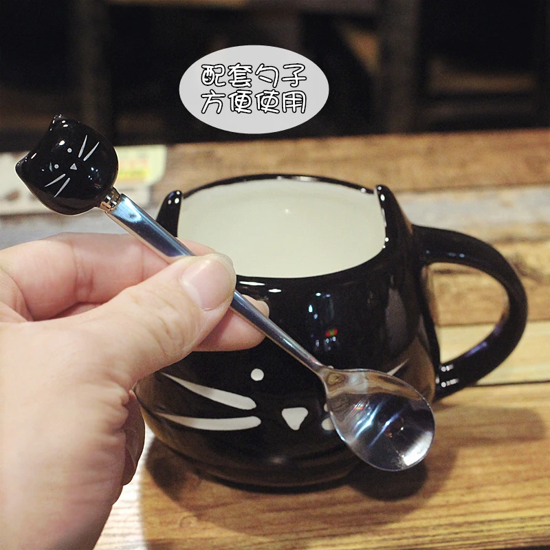 1841 Tasse De Chat Noir Et Blanc Avec Cuillère Dessin Animé Couple Bureau Tasse En Céramique Belle Tasse De Lait De Petit Déjeuner In Tasses From