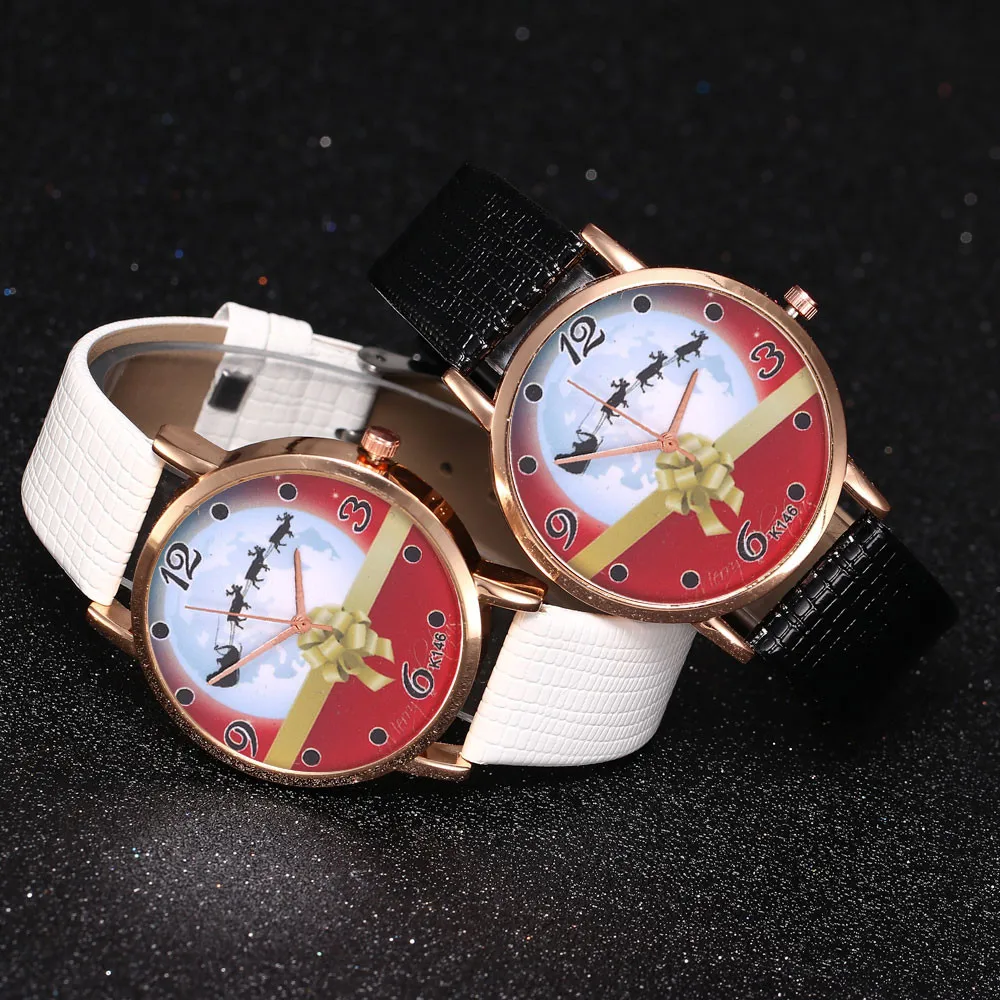 Для женщин модный Рождественский узор кварцевые аналоговые кожаный браслет для часов женские наручные часы Лидер продаж, детское платье с цветком Рождественский подарок A50