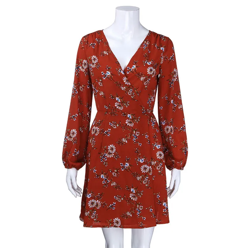 Fashion dress women summer Autumn 2018 Long Sleeve Floral Print lacing Casual Mini Dress Floral Dress vestido A21#N (8)