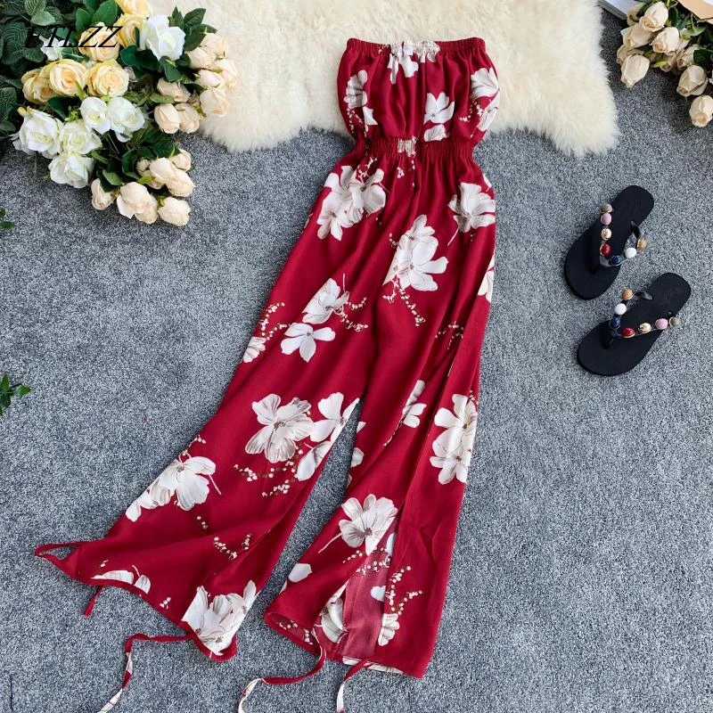

FTLZZ Women's Jumpsuits Floral Print Vacation Style New Sexy Strapless High Waist Leg Lengthy Retro Wide Leg Beach Jumpsuit