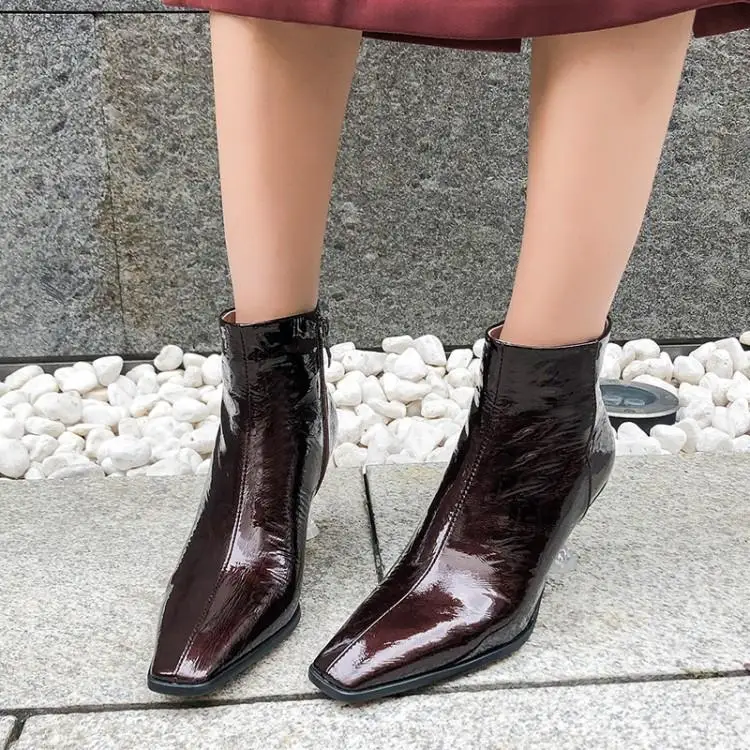 

Vintage Square Toe Women Short Boots Real Leather Wine Red Ankle Booties 6cm Transparent High Heels Botines Femmes Grey Bota