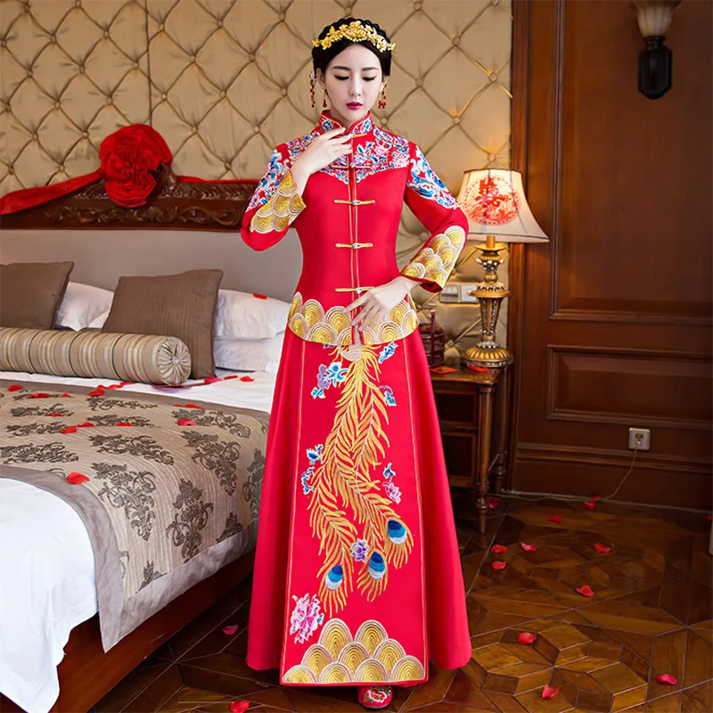 

Formal Chinese Traditional Wedding Qipao Embroidery Dress Red Cheongsam Modern Robe Chinoise Oriental Party Dresses Long Qi Pao