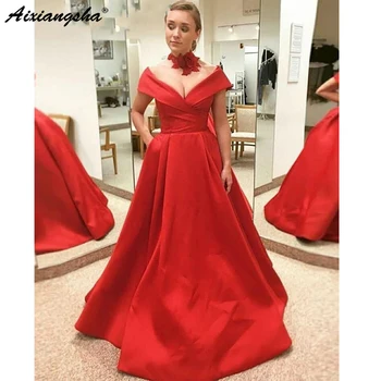 

Robe De Soiree Red Satin Evening Dresses 2019 Long Off Shoulder Sexy Low Back Bow Simple Elegant Evening Gown Custom Made
