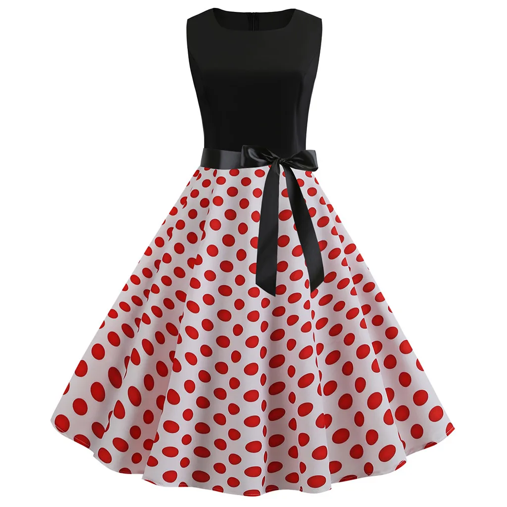 

Women Elegant Spring Summer Sundress Plaid Stripes Polka Dots Tropical Leaf Print Swing 1950s 50 Retro Vintage Dress