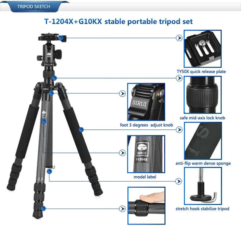 

T1204X+G10KX Sirui DHL Tripod+Ball Head+Quick Release Plate Stand 3in1 Kit Light Carbon Fiber 3 Feet Support Digital SLR Camera