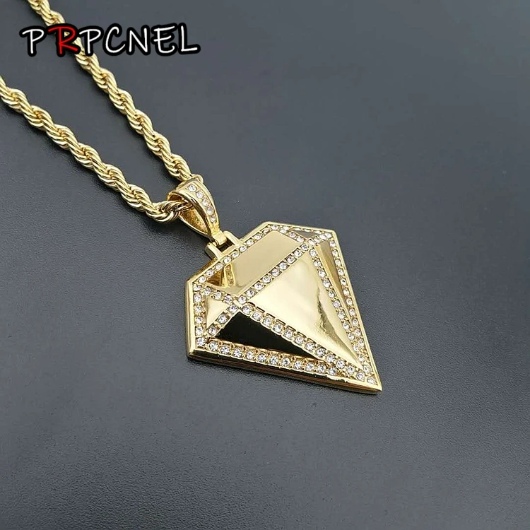 

Hip Hop New Simulated Diamonds Men Women Full Iced Out Cz Rhinestone Pendant Gold Color Stainless Steel Punk Necklace