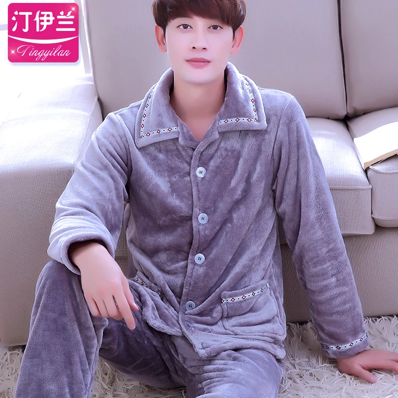 Men Pajama Sets Winter Autumn Coral Fleece Warm Men Sleepwear Suits Thick Homewear Long Sleeve Pijama Man Sleep Pyjama XXXL - Цвет: Gray men pajama