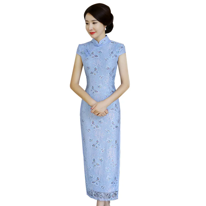 Qipao Cru De Dentelle La S3xl 2 Chinois Bleu Manches à