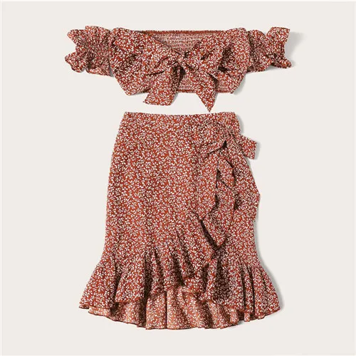 Dotfashion, ржавчина, завязанный гофрированный цветочный топ с открытыми плечами, с рюшами, юбка, набор для женщин,, Boho, летний, короткий рукав, комплект из двух предметов - Цвет: Rust
