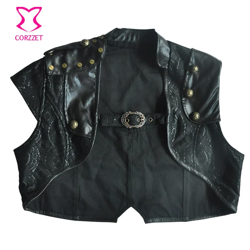 Greatest  Retro Punk Black Floral Lace & PU Leather Sleeveless Gothic Jacket Women Short Bolero Outwear Women