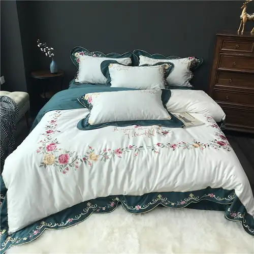 Blue Red Purple Luxury Pastoral Flower Embroidery Egyptian Cotton