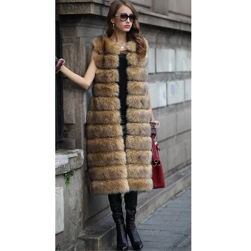 YMOJNV новая зимняя куртка из искусственного меха без рукавов Женская длинная жилетка из искусственного меха утепленная жилетка пальто женский меховой кардиган - Цвет: Brown