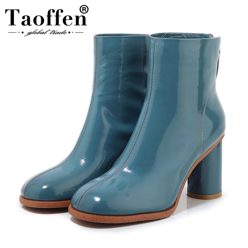 

Taoffen Women Real Leather Round Toe High Heels Ankle Boots Winter Warm Zipper Simple Office Shoes Woman Footwear Size 33-43