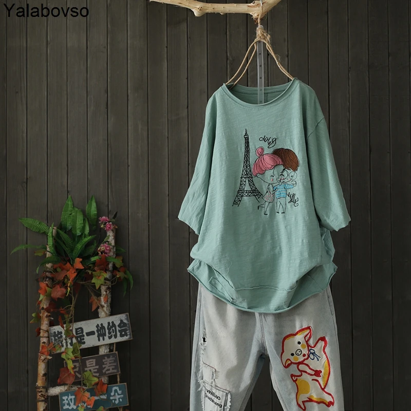 

Embroidery O neck Fruit color Casual Cartoon Bamboo Cotton T shirts for woman Vintage Retro Short sleeveTees Summer A74Z40