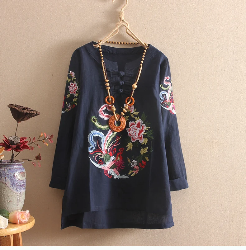 Национальная Цветочная вышивка, женская блузка, китайский стиль, пуговица, длинный рукав, осенняя винтажная рубашка, хлопок, лен, топы, несимметричные Блузы