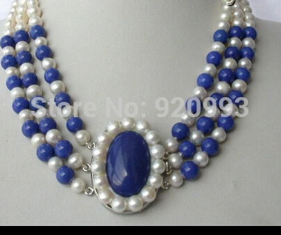 

Wholesale&FREE P&P***classic 3rows 8mm round white freshwater pearl blue Lapis lazuli necklace