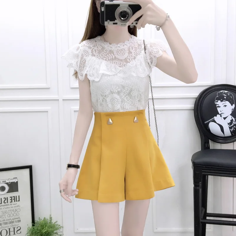 

sleeveless suit melting joker bud silk shorts of tall waist joker wide-legged short pants two-piece women clothing set outfit