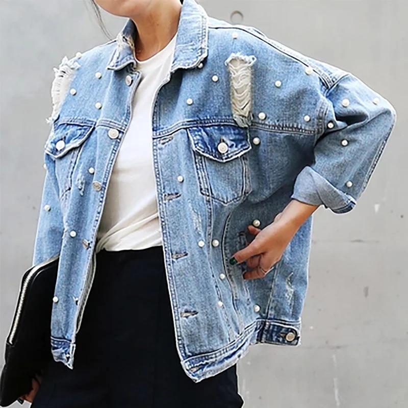 

Vintage Denim Jacket Women Pearl Beading Jean Jackets Basic Coat Ripped Hole Windbreaker 2019 Autumn Female Clothing Winter XL L