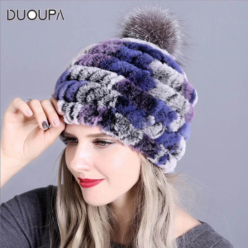 

DUOUPA Winter fur cap Women Genuine Real Fur Rex Rabbit Hats Hand Knitted Female Beanie Hats Ladies Caps Headwear free shipping
